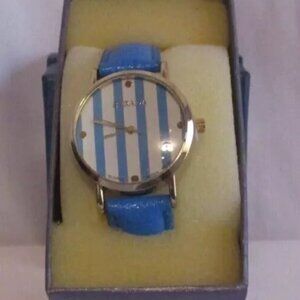 STRADA Watch Stripe Faux Leather Band Stainles Steel Blue Original Box